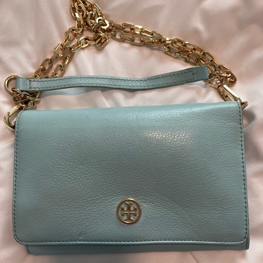 Tory Burch Robin’s Egg Blue Leather Crossbody Wallet